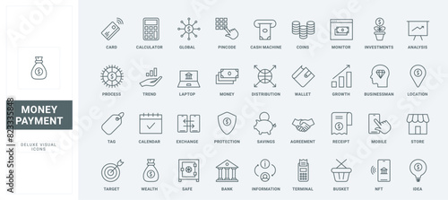 Outline financial trend analysis for investment and bank exchange, wallet and laptop, calculator and calendar mobile app. Money payment, economy thin black and red line icons set vector illustration