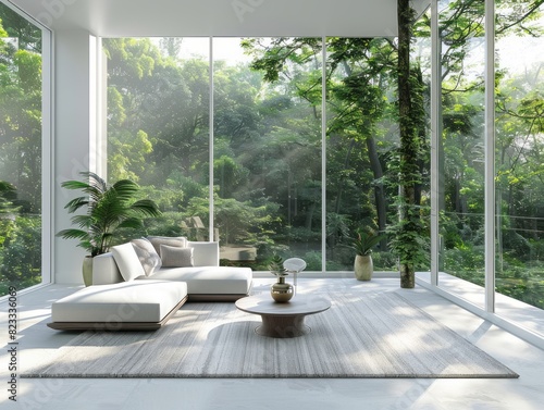 A large window with white walls and trees outside  sofa  coffee table  light gray carpet  and green forest park outside the glass wall