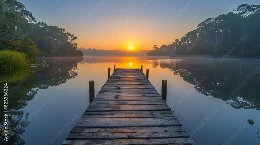 Fototapeta premium A serene photo of a sunrise over a calm lake, representing new beginnings and hope.