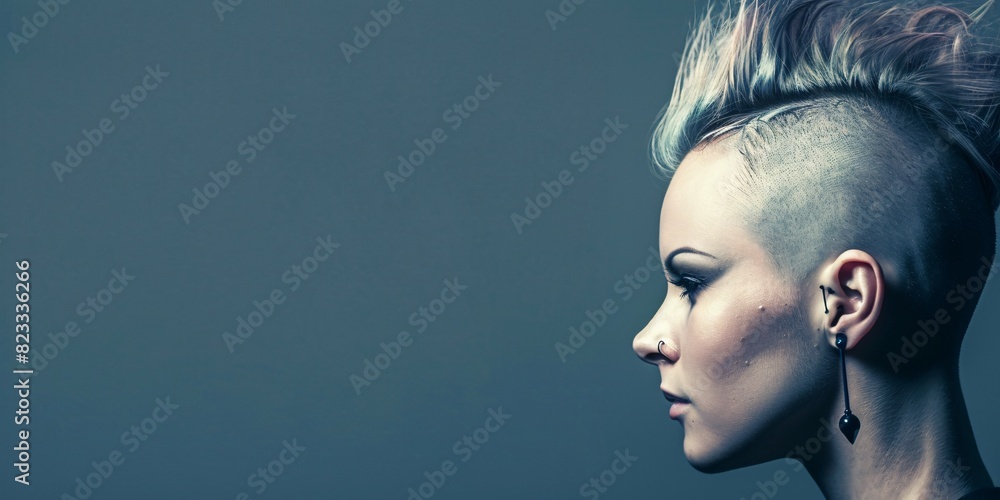 Portrait of stunning lady with spiky hair and vibrant cosmetics and accessories.