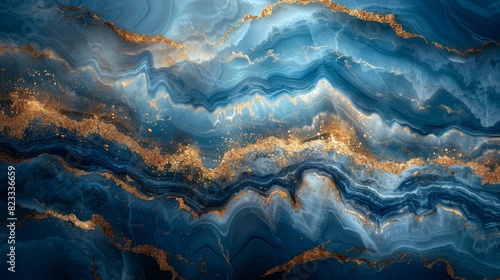 Elegance captured in a still image of blue and gold marbled texture with prominent glistening gold veins