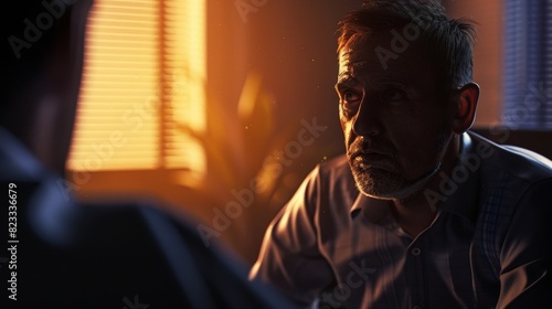 The image shows a man sitting in a dimly lit room photo