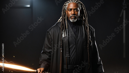 The image is of a man with gray dreadlocks and a beard, wearing a black coat and holding a glowing sword. photo
