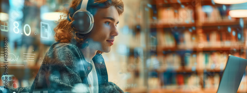 Young Caucasian man immersed in online learning, his headphones and rapt expression reflecting a profound engagement with the digital world within a modern library sanctuary. Double exposure. photo