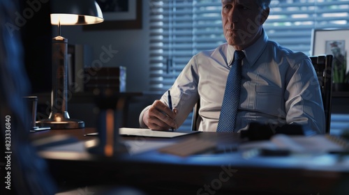 A police detective is sitting at his desk, looking over a case file. He is wearing a white shirt and tie, and he has a serious expression on his face. photo