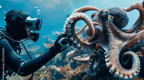 A virtual reality scuba diver coming facetoface with a giant octopus in the depths of the ocean. photo