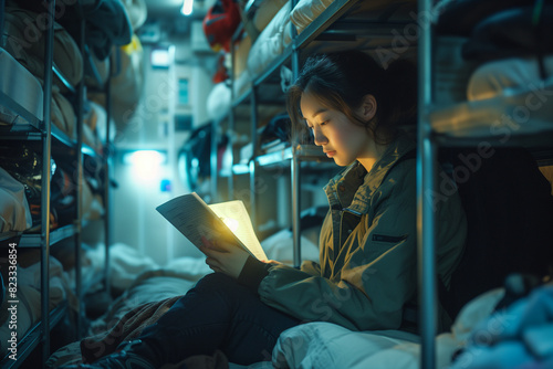 Young Aisan woman reading in a hostel. Budget travel image of a crowded youth hostel. photo