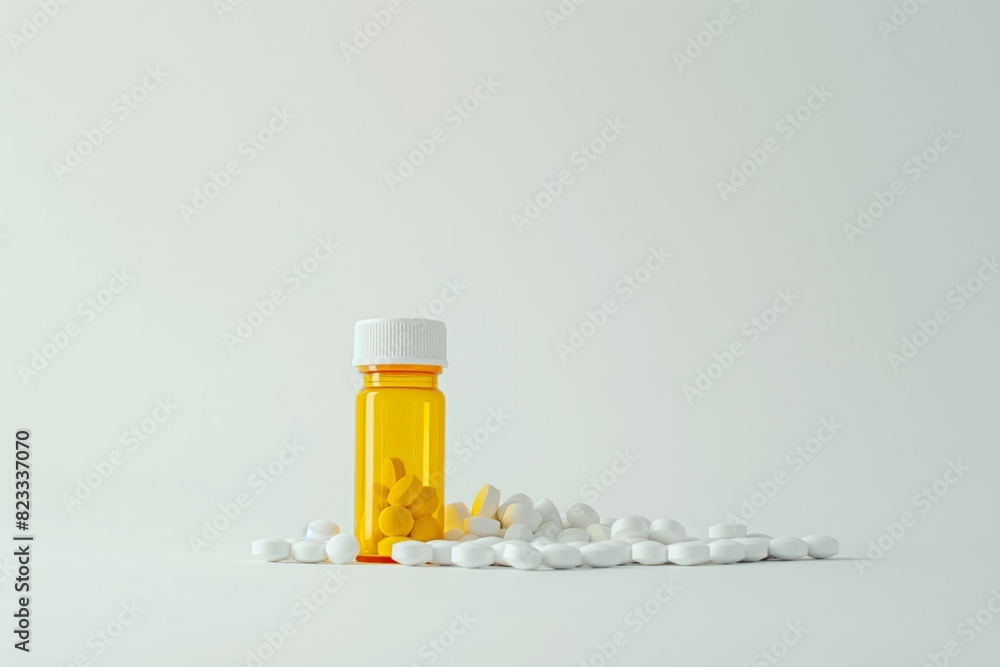 White pills in orange bottle on white background close up with copy space White pills in orange bottle on white background close up with copy space
