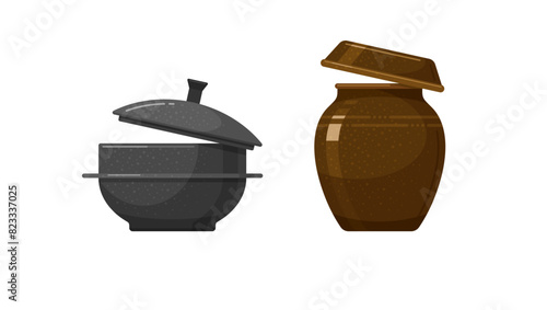 Korean earthenware pot and iron cauldron with lid. Clay onggi and gamasot for stew and boil hot soup and spicy sauce. Vector flat cartoon illustrations of Korean traditional cookware