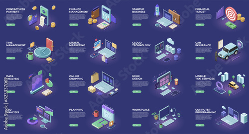 Illustration of Business environment in isometric view. Online trading digital technology