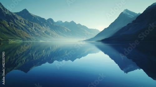 Mirror-like reflection of a mountain range in a lake  perfect symmetry  clear water  crisp morning light  natural beauty 