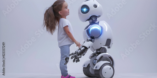 A cute girl is playing with a robot, The concept of future training with lite sky background. photo
