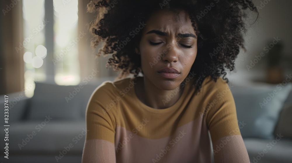 A black afro female sitting on a couch with her eyes closed in a state of contemplation A black afro female sitting on a couch with her eyes closed in a state of contemplation
