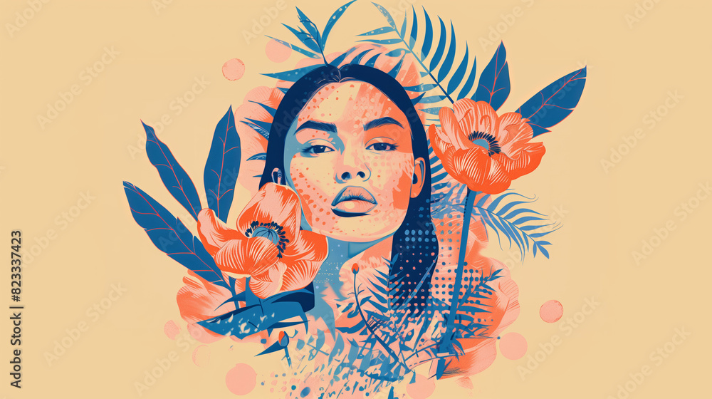 Art of a girl and flowers. A beautiful digital illustration of a girl surrounded by flowers on a beige background. Art of a girl and flowers. A beautiful digital illustration of a girl surrounded by flowers on a beige background.