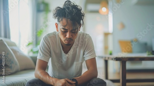 Indonesian male feeling sad and depressed sitting in the living room photo