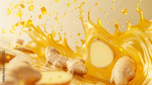  Photorealistic ginger slices and juice splash isolated photo