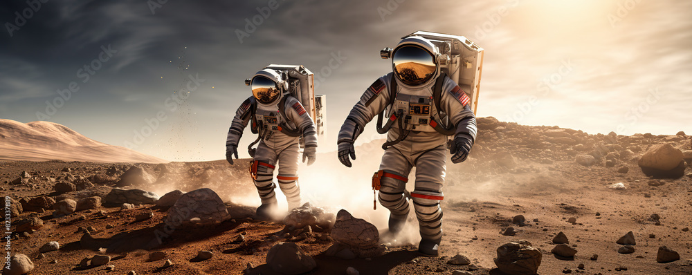 Obraz premium Two Astronauts Walking in the Desert