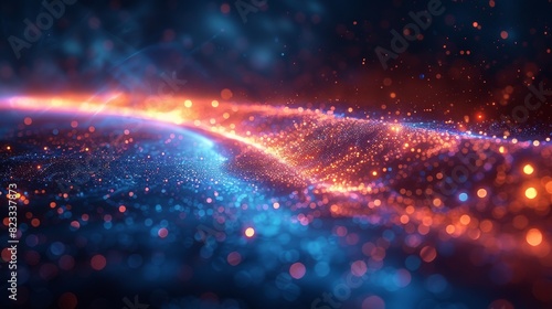 A vivid, high-resolution image that captures a dynamic flow of glowing particles in rich blue and orange hues