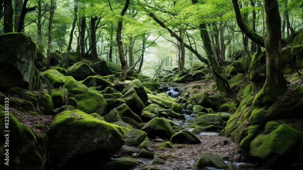 Emerald green foliage amidst forest scene Emerald green foliage amidst forest scene