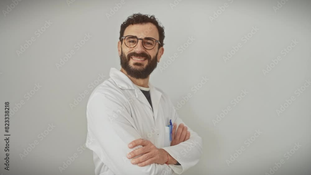 Confident middle age man in scientist uniform, arms crossed, giving a friendly smile. exuding positivity, he stands isolated on a white background, looking at the camera with a relaxed pose. Confident middle age man in scientist uniform, arms crossed, giving a friendly smile. exuding positivity, he stands isolated on a white background, looking at the camera with a relaxed pose.