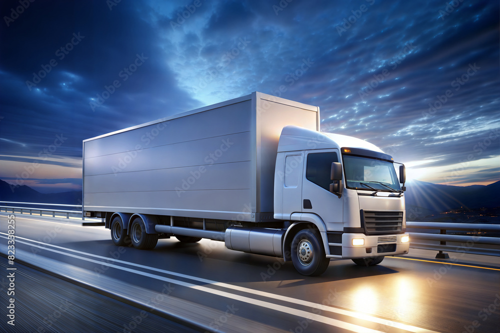 Blank white delivery truck on road, highway, night Blank white delivery truck on road, highway, night