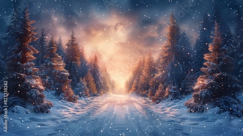 A captivating path leading through a snowy forest with twinkling stars above at twilight, full of wonder © familymedia