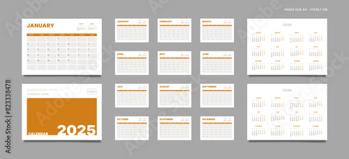 Set of 2025-2026 Calendar Planner Template with Place for Notes, Photo and Company Logo. Vector layout of a wall or desk simple calendar with week start Monday. Calendar grid in grey color for print.