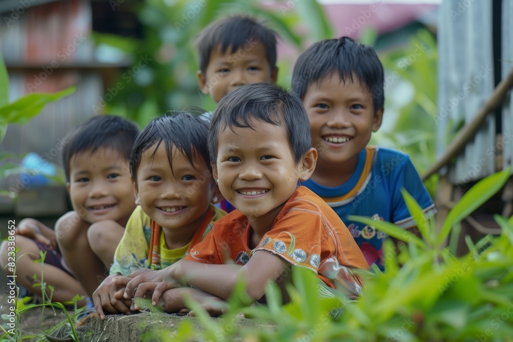 Group of happy asian children smiling and looking at camera in garden. Group of happy asian children smiling and looking at camera in garden.
