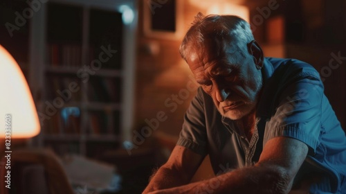 A man sits at a table in a living room, appearing sad and lost in thought photo