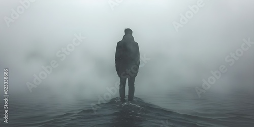 Navigating Mental Struggles: A Young Man in a Foggy Haze. Concept Mental Health, Coping Strategies, Mental Well-being, Self-reflection, Seeking Help photo