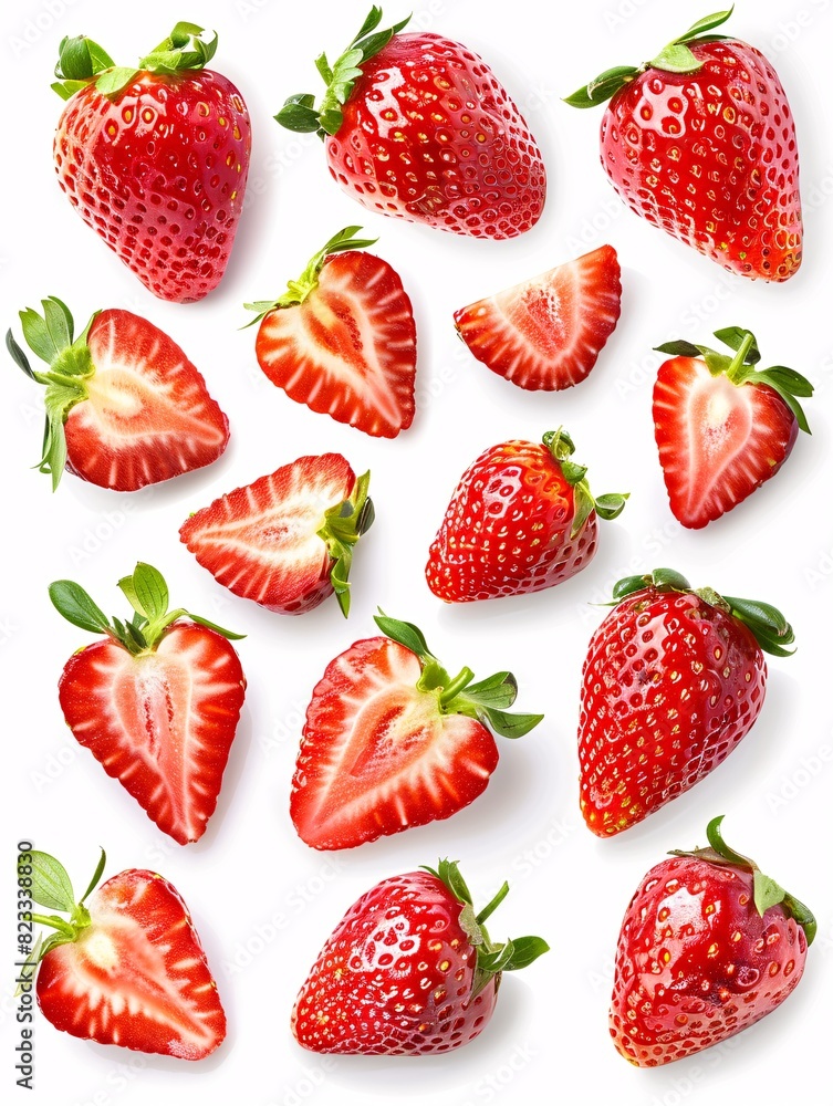 A variety of sliced and halved strawberries in different positions on a white background, perfect for graphic design mockups. A variety of sliced and halved strawberries in different positions on a white background, perfect for graphic design mockups.