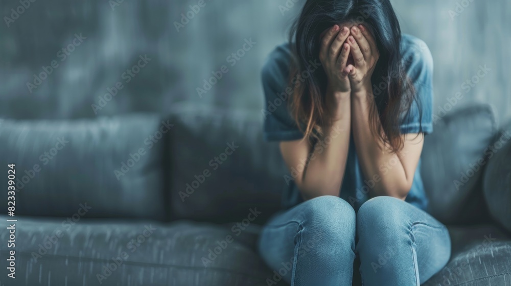 White caucasian female sitting on a couch, covering her face with her hands White caucasian female sitting on a couch, covering her face with her hands