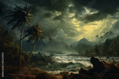 Dramatic landscape of a rough sea with palm trees under a stormy sky at night
