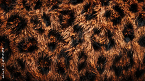 Fluffy faux fur with leopard print. Fashionable background. Top view of spotted fur. Generative AI
