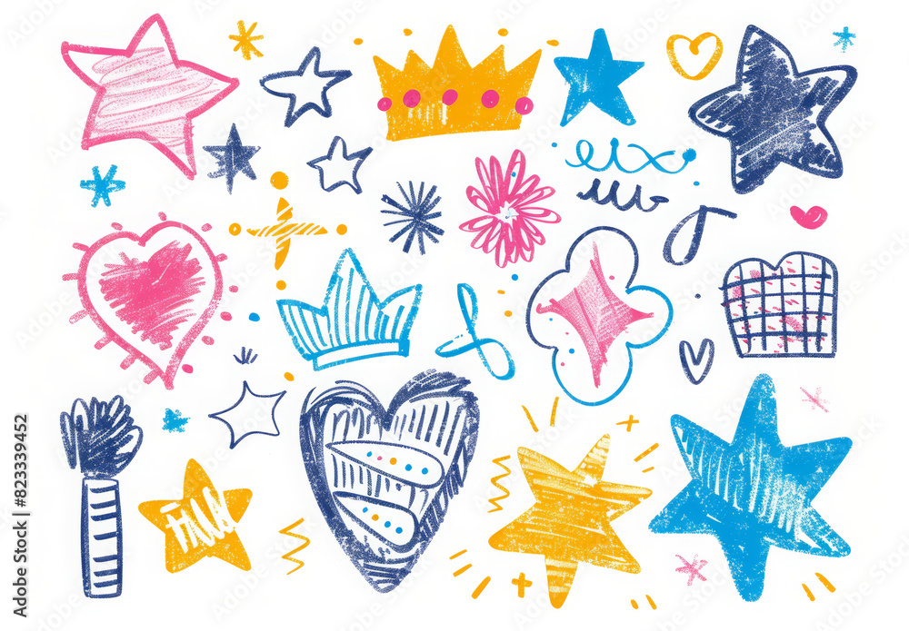 Hand drawn colorful shapes and squiggles Hand drawn colorful shapes and squiggles
