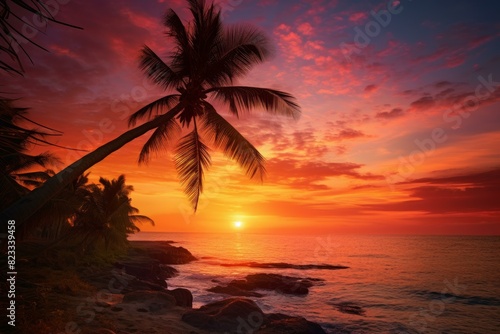 Tranquil tropical beach sunset with palm trees and silhouettes reflecting on the ocean