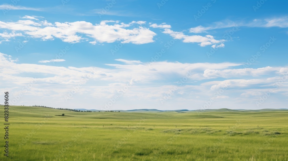 Peaceful prairie vista under clear sky.