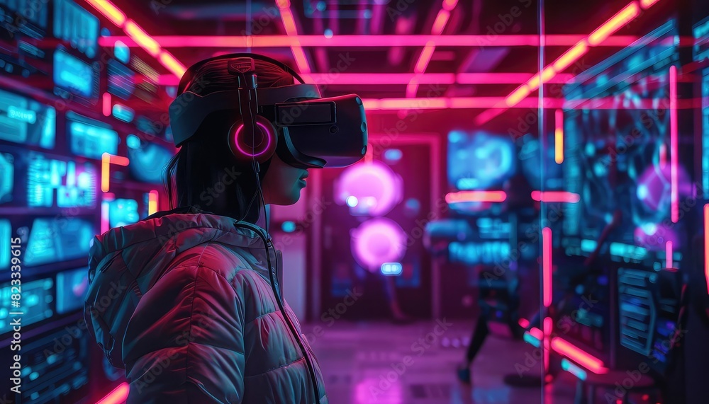 Virtual reality gaming setup, player interacting with virtual objects, vibrant colors, hightech room, photorealistic, Virtual reality gaming setup, player interacting with virtual objects, vibrant colors, hightech room, photorealistic,