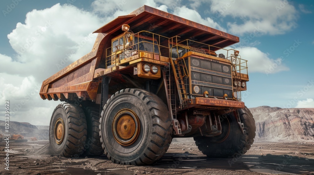 Fototapeta premium Realistic depiction of a rusty, large mining truck parked in a dusty quarry, emphasizing industrial strength and endurance.