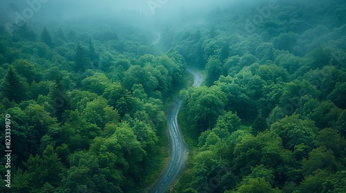 A meandering road cuts through a lush green forest shrouded in mist  shot from an aerial perspective  emanating mystery