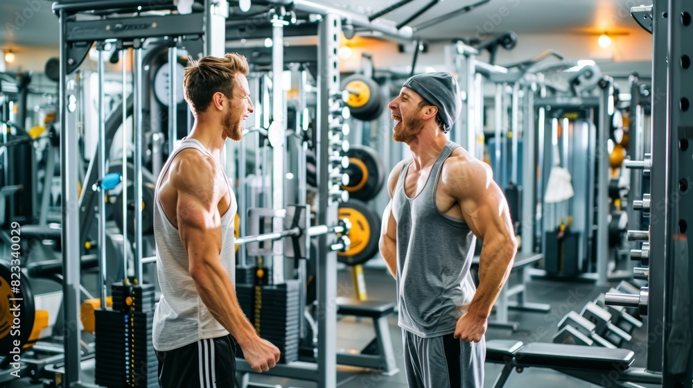 Two strong men in a gym fist-bumping each other Two strong men in a gym fist-bumping each other