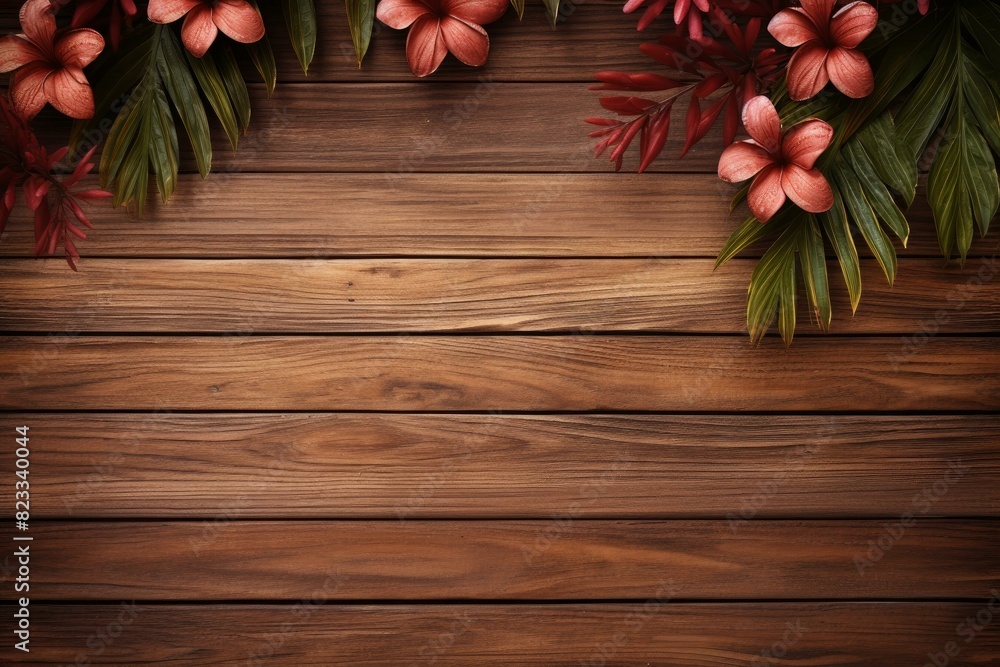 Lush Tropical wooden background. Wood display. Generate Ai Lush Tropical wooden background. Wood display. Generate Ai