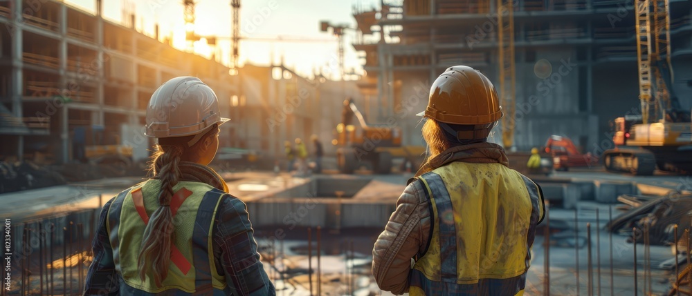 Two construction workers wearing helmets and reflective vests standing at the site of an industrial building under construction