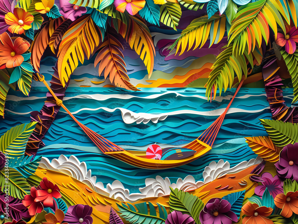 A vibrant paper cut of a tropical paradise with palm trees, a hammock, and a beach with waves, bright and cheerful colors, intricate details in the leaves and waterClose-up A vibrant paper cut of a tropical paradise with palm trees, a hammock, and a beach with waves, bright and cheerful colors, intricate details in the leaves and waterClose-up