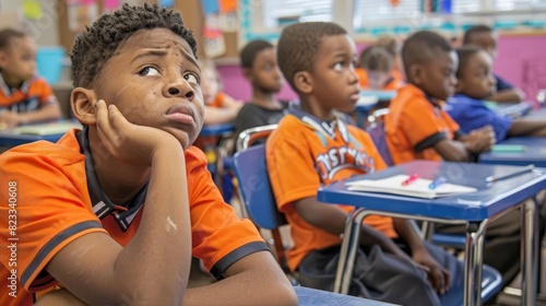Young boy looking tired in a classroom, surrounded by other students, with a focused and thoughtful expression.
