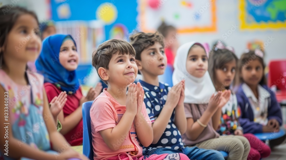 Back to school concept. Diverse group of children in a colorful classroom, sitting together, clapping, and looking excitedly towards the front, engaging in a learning activity. Back to school concept. Diverse group of children in a colorful classroom, sitting together, clapping, and looking excitedly towards the front, engaging in a learning activity.