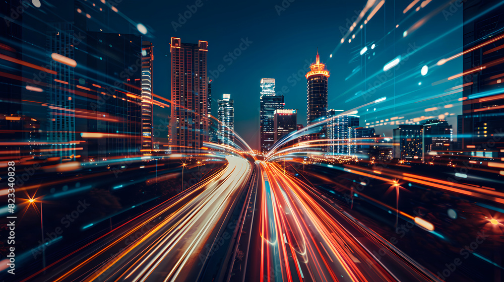 Abstract background of high speed global data transfer and super fast broadband in futuristic tech city at night, high speed internet and big data connection technology