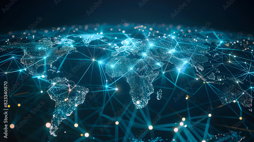 Abstract digital world map data transfer and cyber technology, information exchange and international telecommunication, concept of global network and connectivity on Earth. Abstract digital world map data transfer and cyber technology, information exchange and international telecommunication, concept of global network and connectivity on Earth.