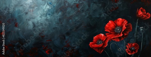 Anzac Day, poppy flowers on dark background. Remembrance day symbol. photo
