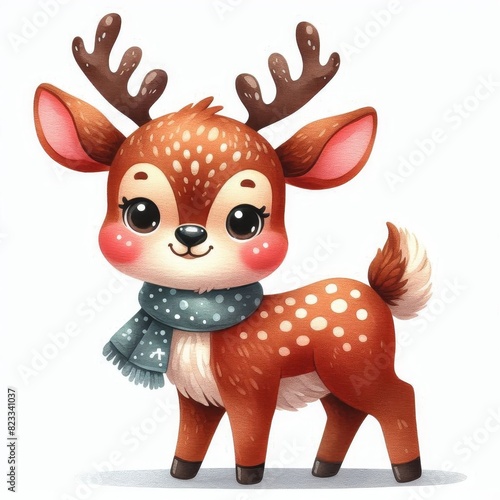 A cute cartoon deer with a blue scarf around its neck